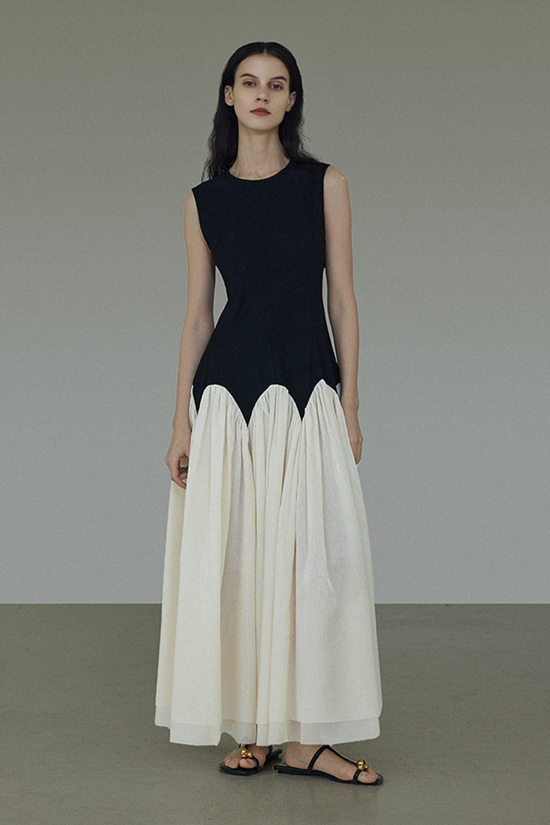 Sleeveless Scalloped Waist Colorblock Maxi Dress