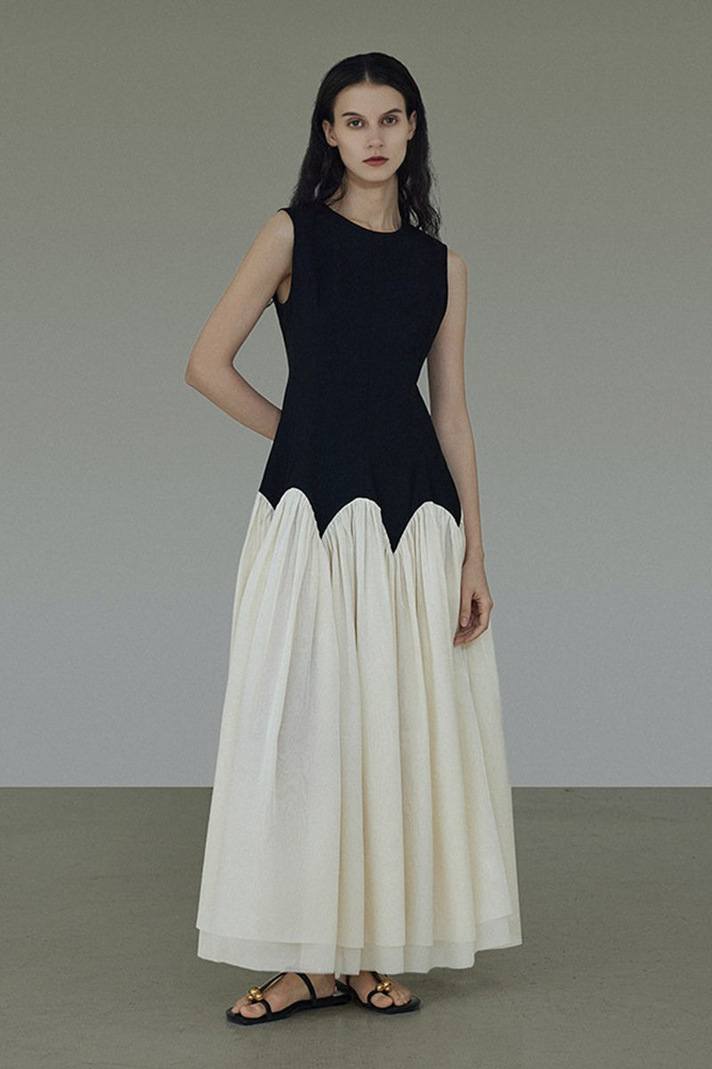 Sleeveless Scalloped Waist Colorblock Maxi Dress