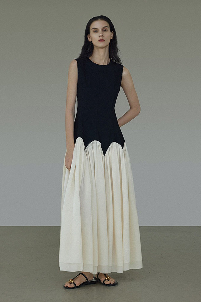 Sleeveless Scalloped Waist Colorblock Maxi Dress