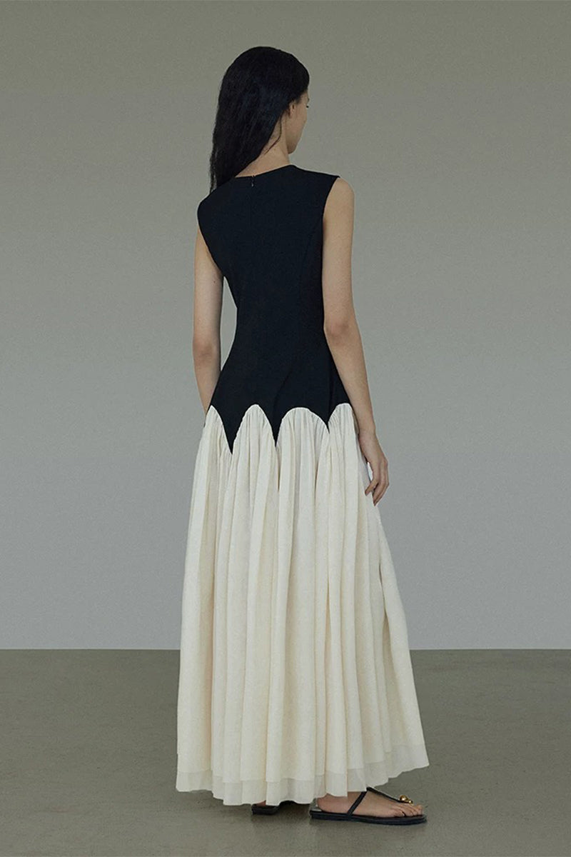 Sleeveless Scalloped Waist Colorblock Maxi Dress