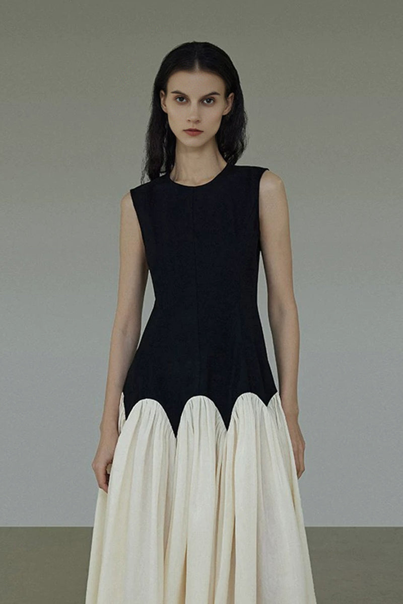 Sleeveless Scalloped Waist Colorblock Maxi Dress