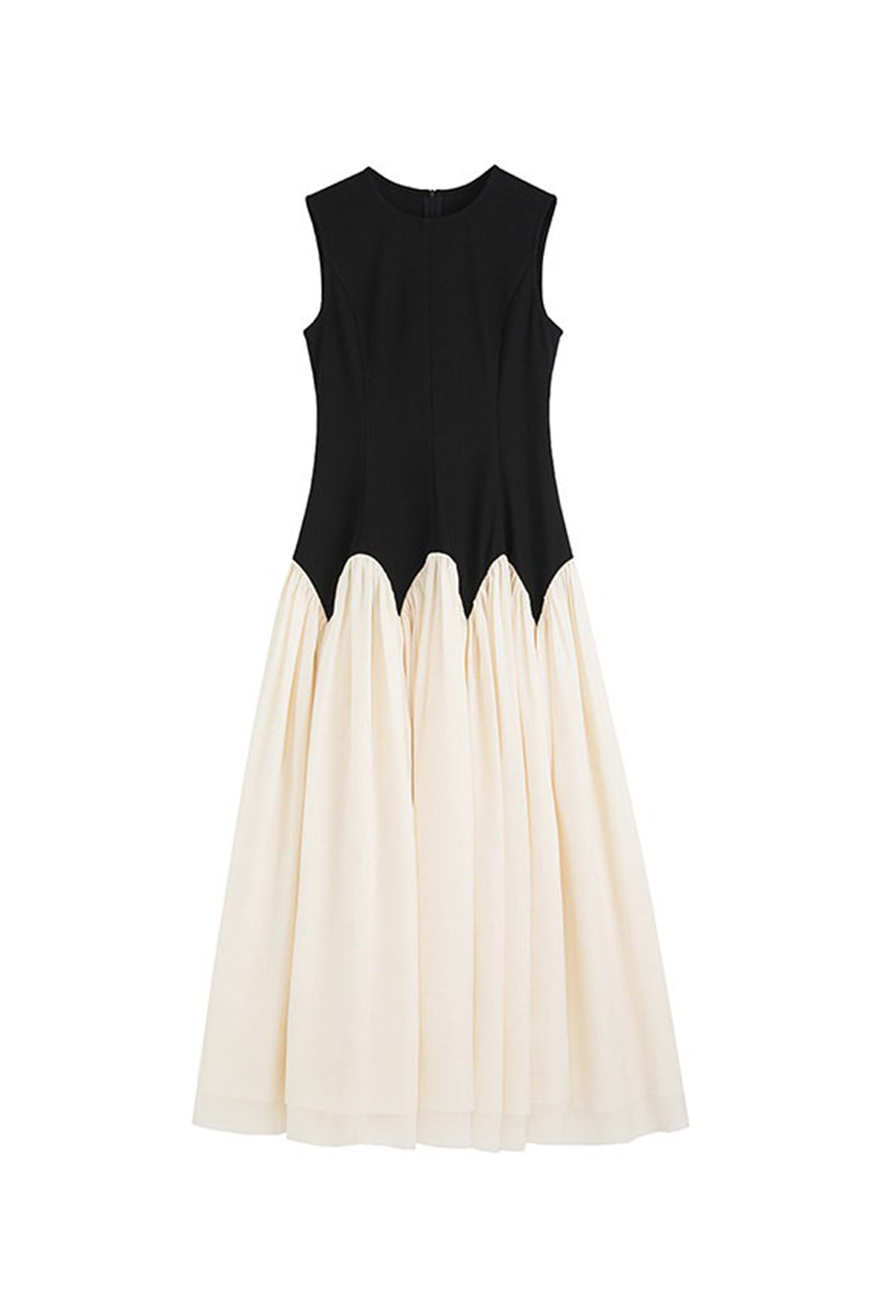 Sleeveless Scalloped Waist Colorblock Maxi Dress