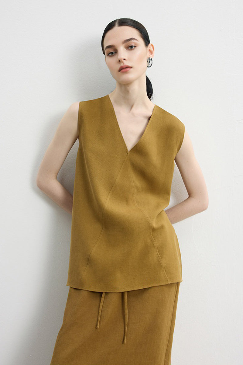Sleeveless V Neck Tencel Linen Tank Top