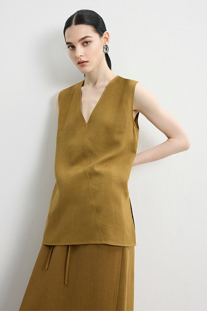 Sleeveless V Neck Tencel Linen Tank Top