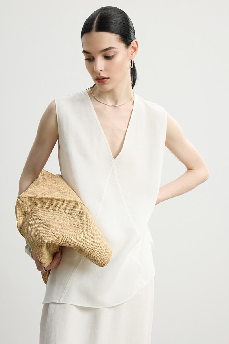 Sleeveless V Neck Tencel Linen Tank Top