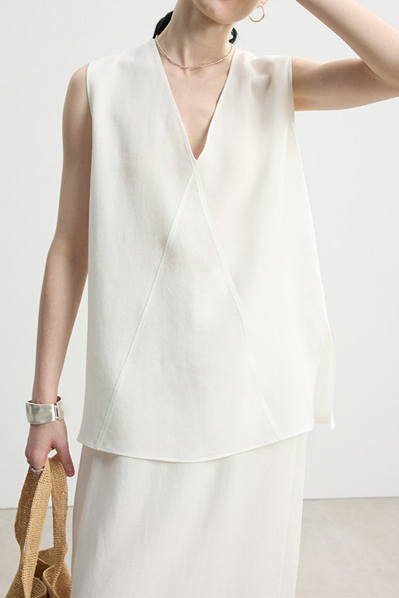 Sleeveless V Neck Tencel Linen Tank Top