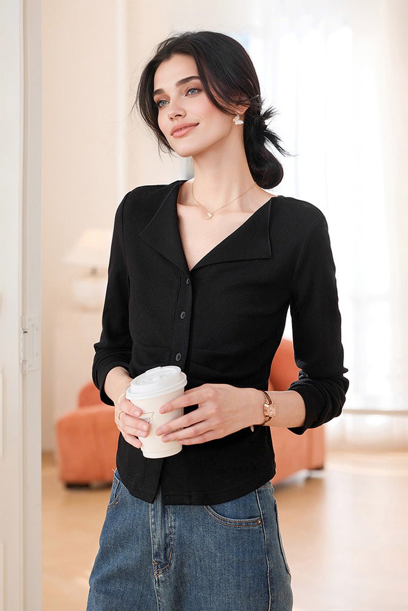 Slim Fit Long-Sleeve Button-Up Collared Shirt with Ruched Waist