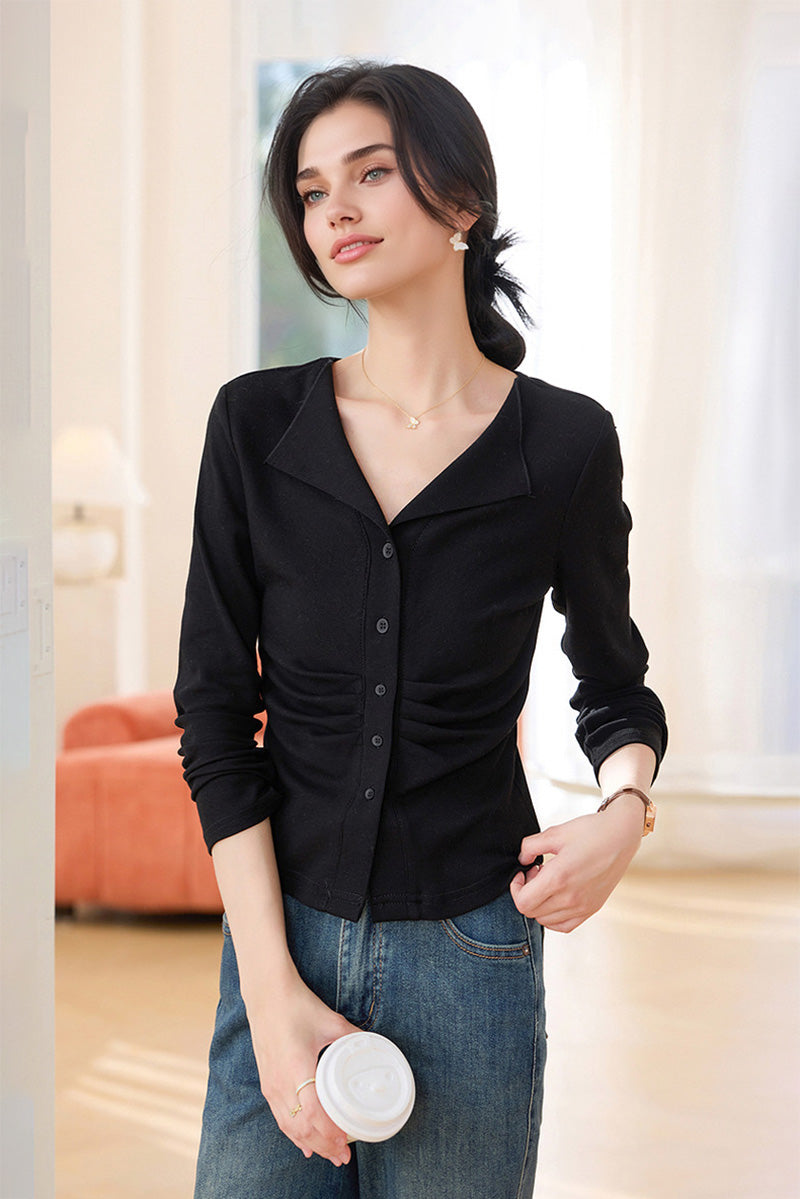 Slim Fit Long-Sleeve Button-Up Collared Shirt with Ruched Waist