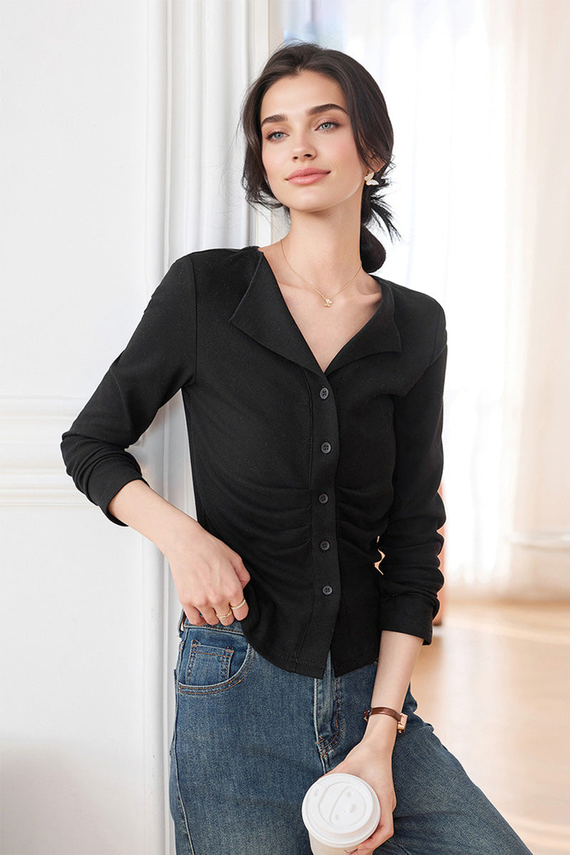 Slim Fit Long-Sleeve Button-Up Collared Shirt with Ruched Waist