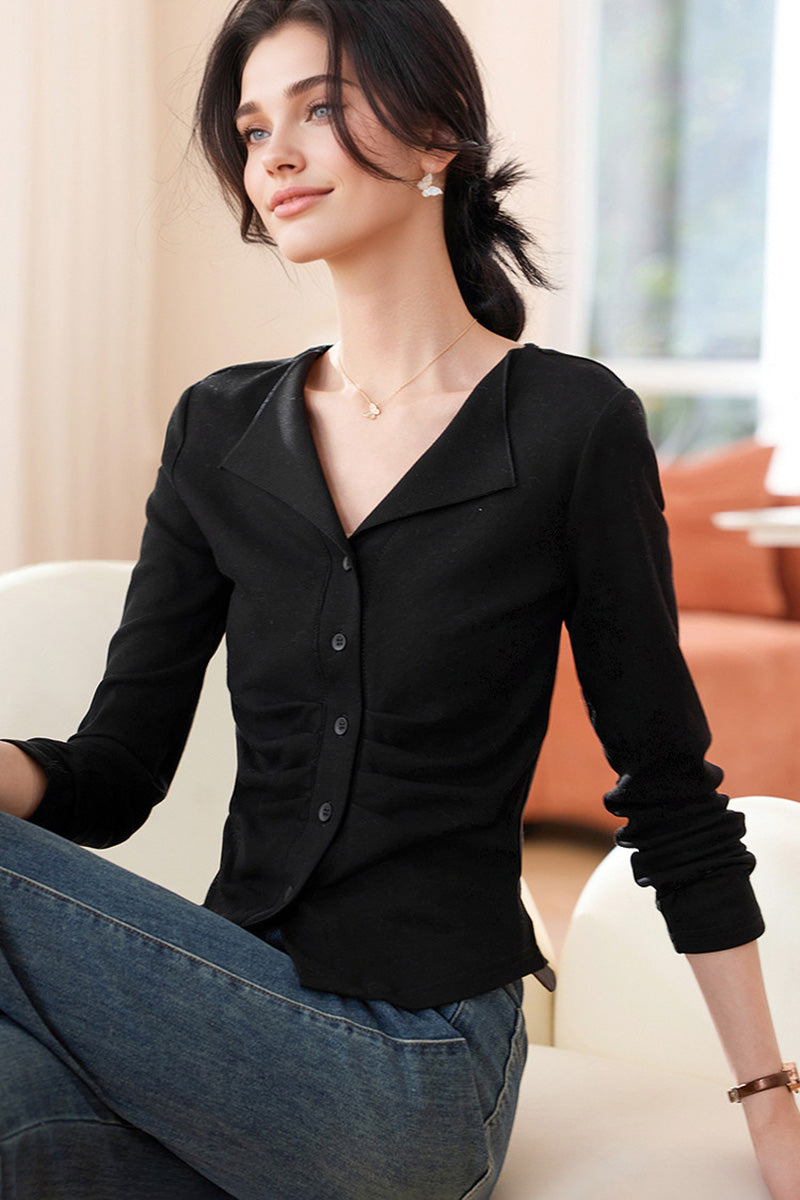 Slim Fit Long-Sleeve Button-Up Collared Shirt with Ruched Waist