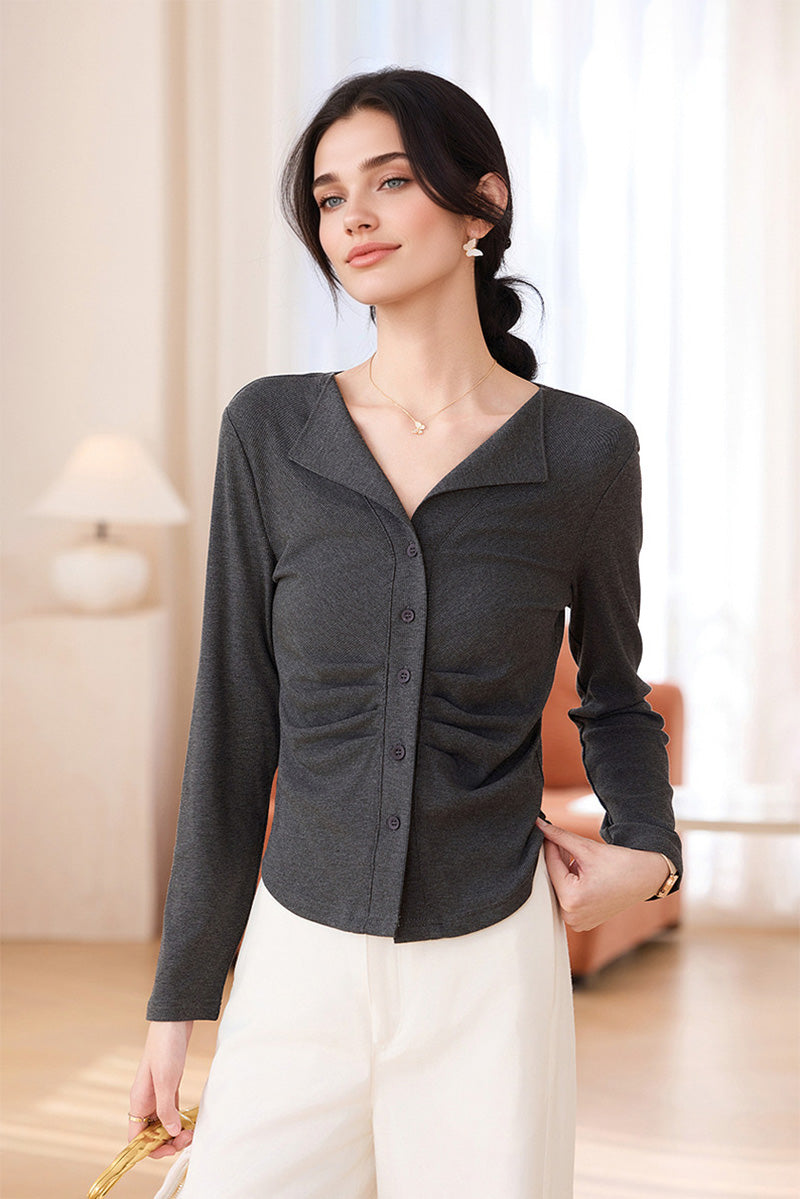 Slim Fit Long-Sleeve Button-Up Collared Shirt with Ruched Waist