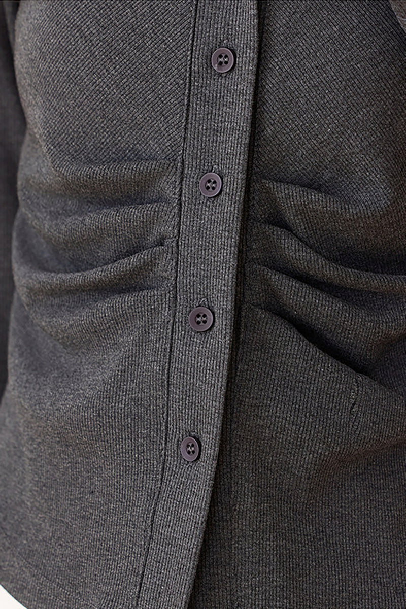 Slim Fit Long-Sleeve Button-Up Collared Shirt with Ruched Waist