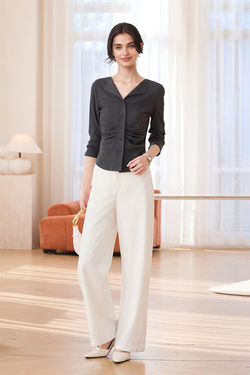 Slim Fit Long-Sleeve Button-Up Collared Shirt with Ruched Waist