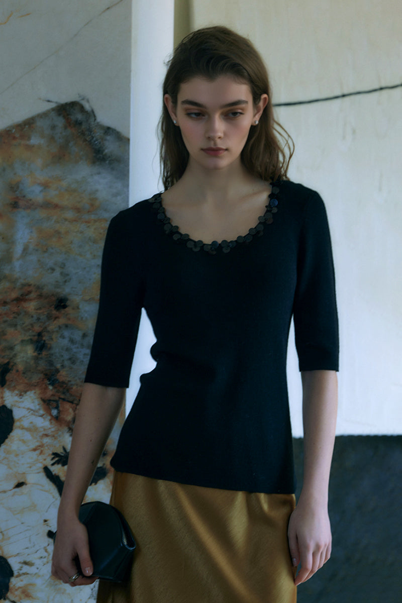 Slim-Fit Scoop-Neck T Shirt With Handmade Floral Sequins