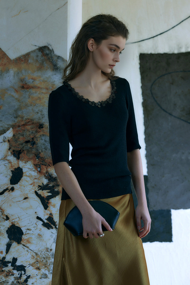 Slim-Fit Scoop-Neck T Shirt With Handmade Floral Sequins