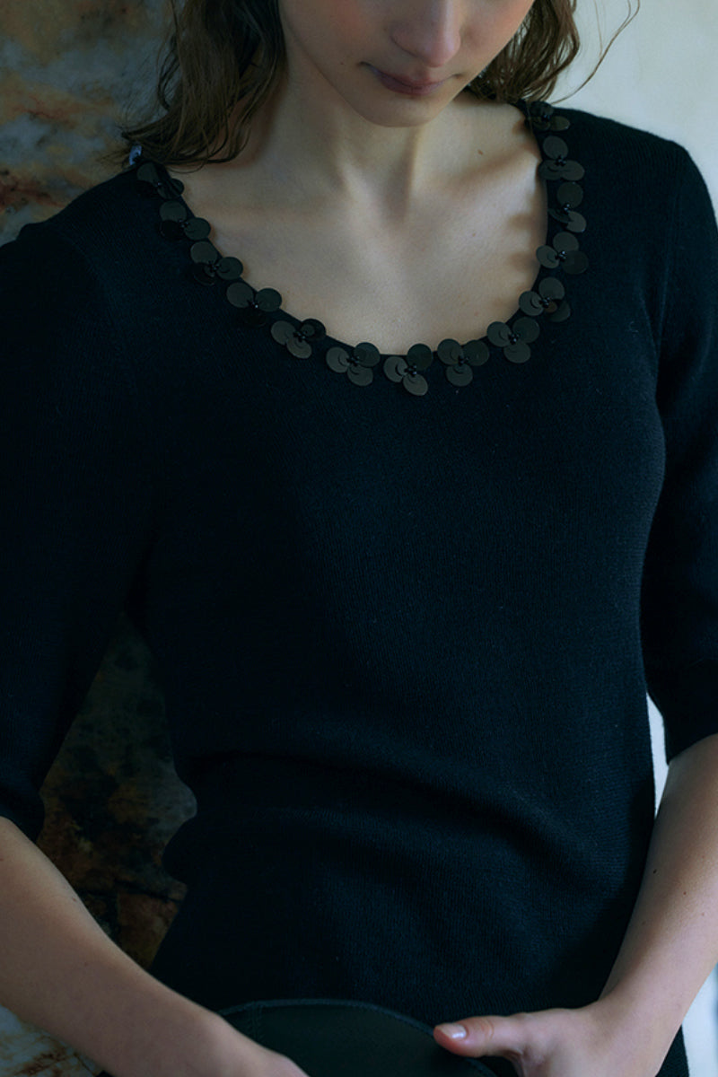 Slim-Fit Scoop-Neck T Shirt With Handmade Floral Sequins