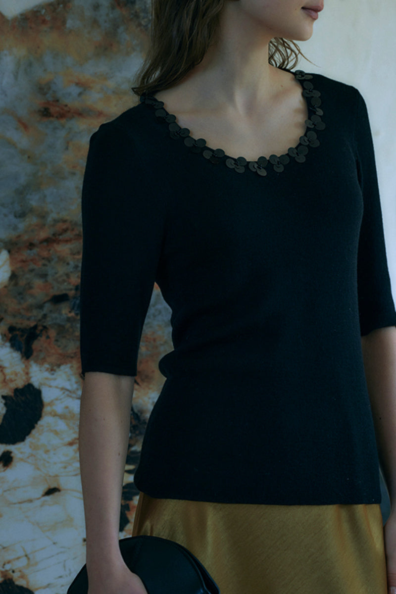 Slim-Fit Scoop-Neck T Shirt With Handmade Floral Sequins