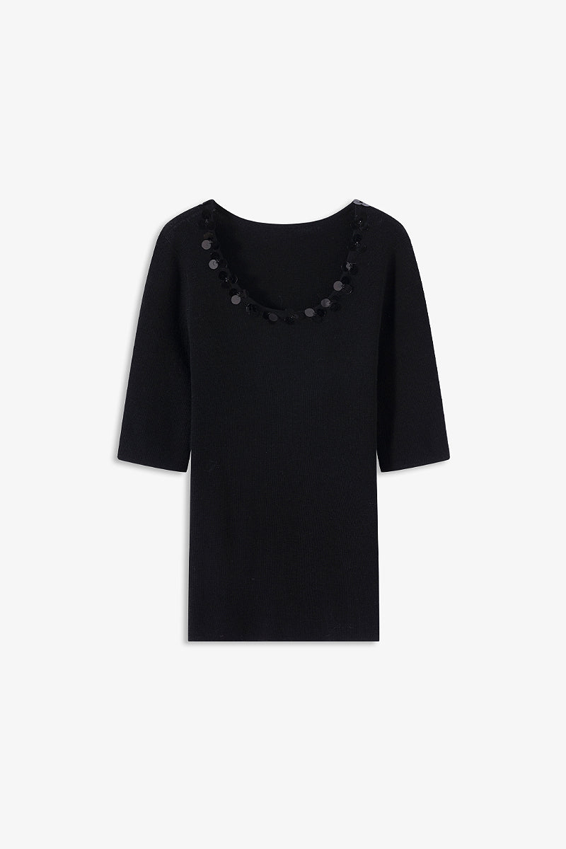 Slim-Fit Scoop-Neck T Shirt With Handmade Floral Sequins