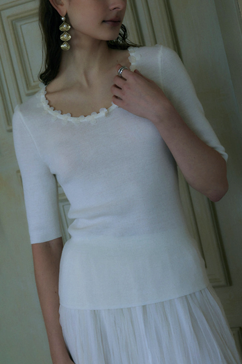 Slim-Fit Scoop-Neck T Shirt With Handmade Floral Sequins