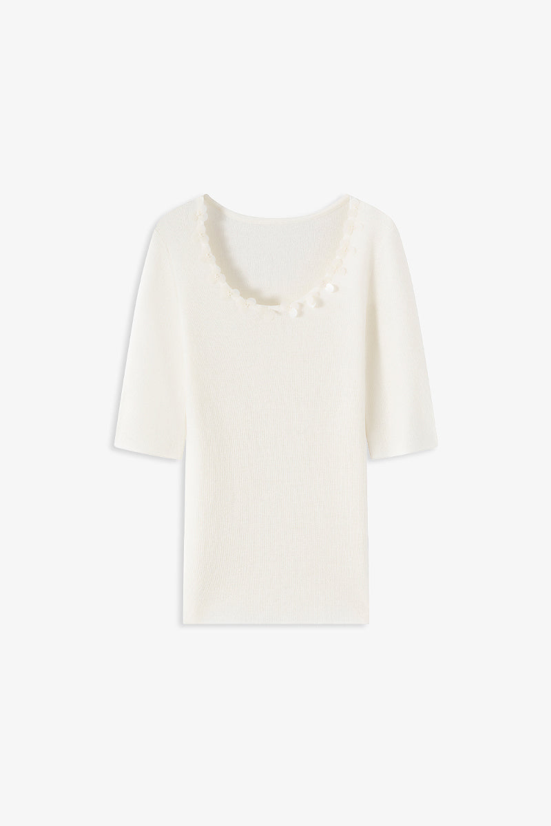 Slim-Fit Scoop-Neck T Shirt With Handmade Floral Sequins
