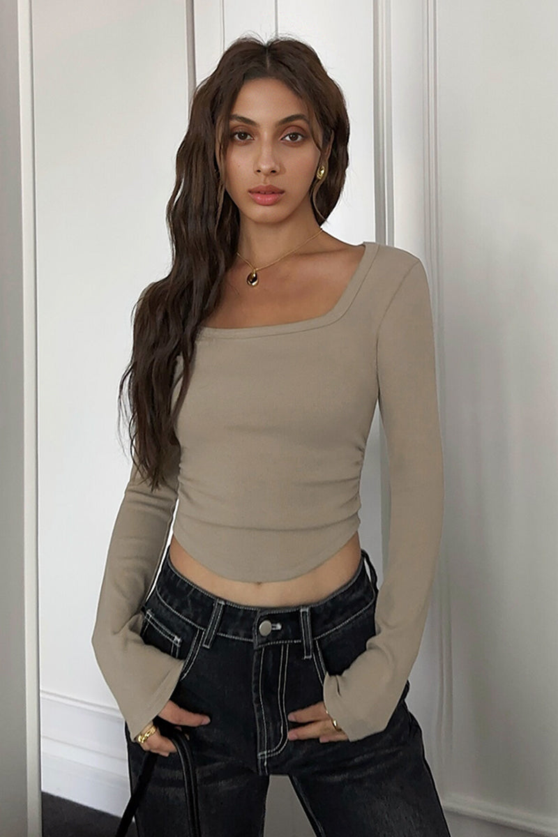 Slim Fit Square Neck Long Sleeve Shirt with Dolphin Hem