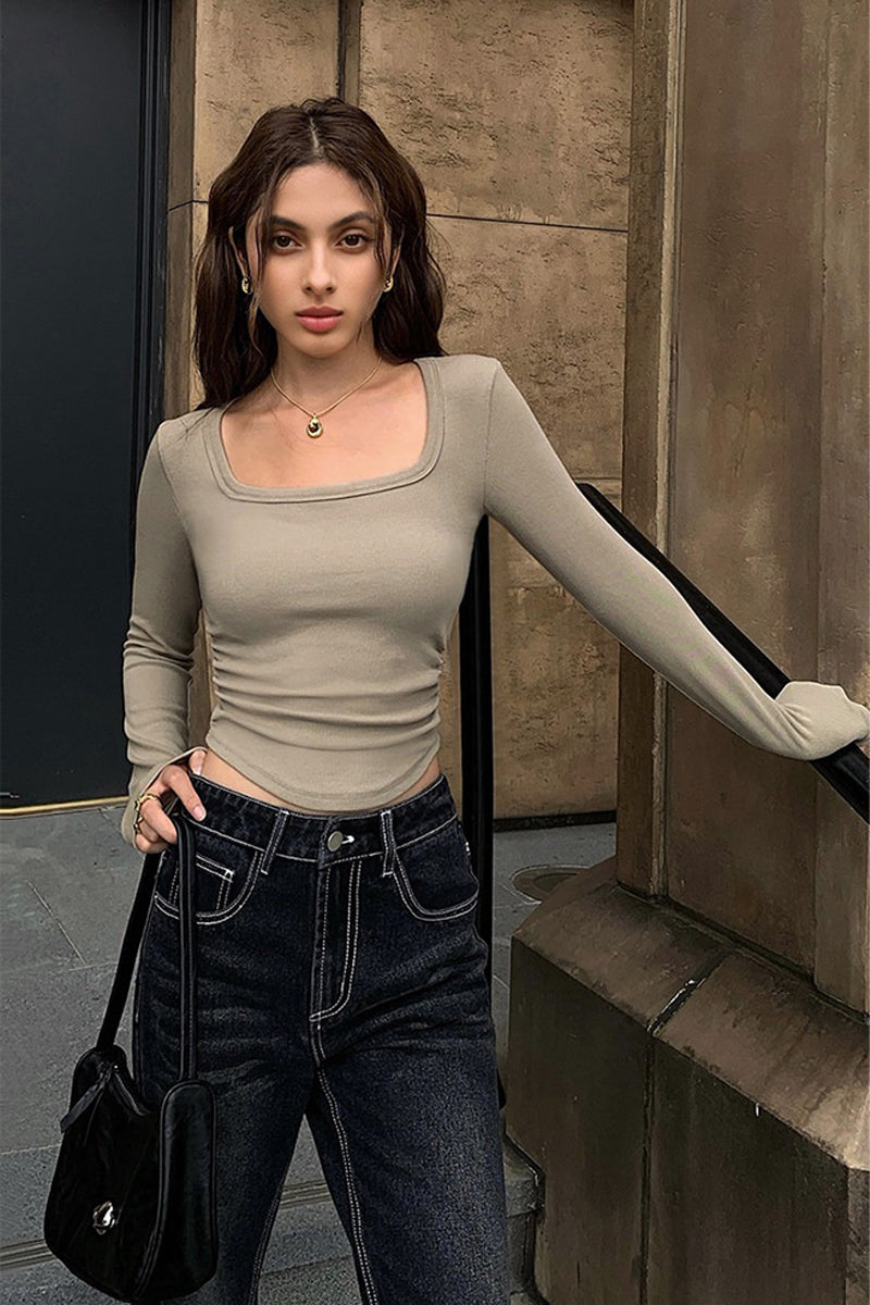 Slim Fit Square Neck Long Sleeve Shirt with Dolphin Hem