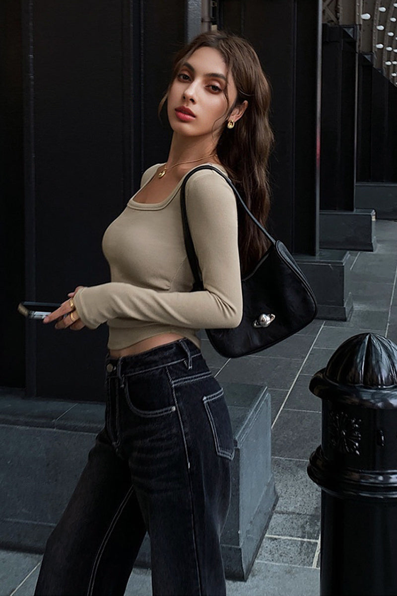 Slim Fit Square Neck Long Sleeve Shirt with Dolphin Hem