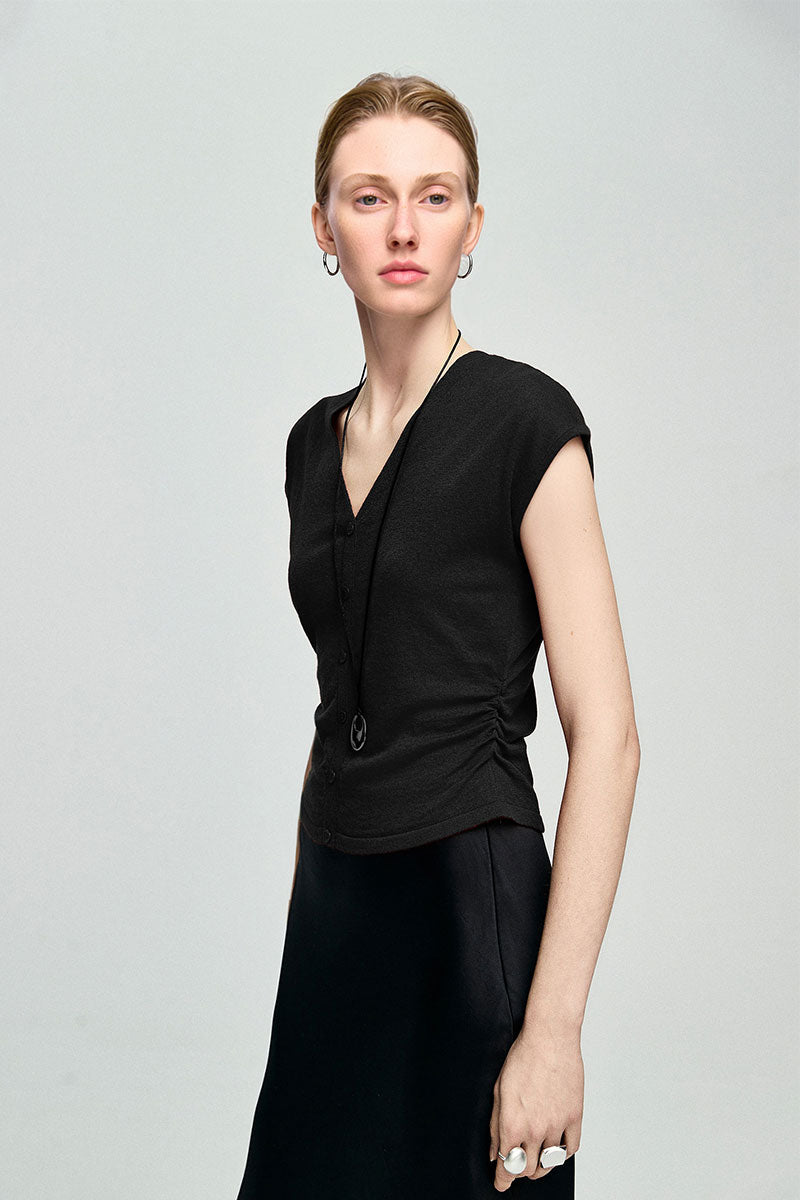Slim Fit Wool-Blend Cap-Sleeve V-Neck Pullover T-Shirt with Ruched Waist