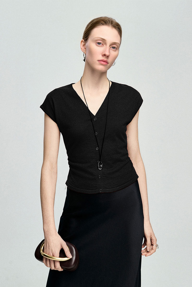 Slim Fit Wool-Blend Cap-Sleeve V-Neck Pullover T-Shirt with Ruched Waist