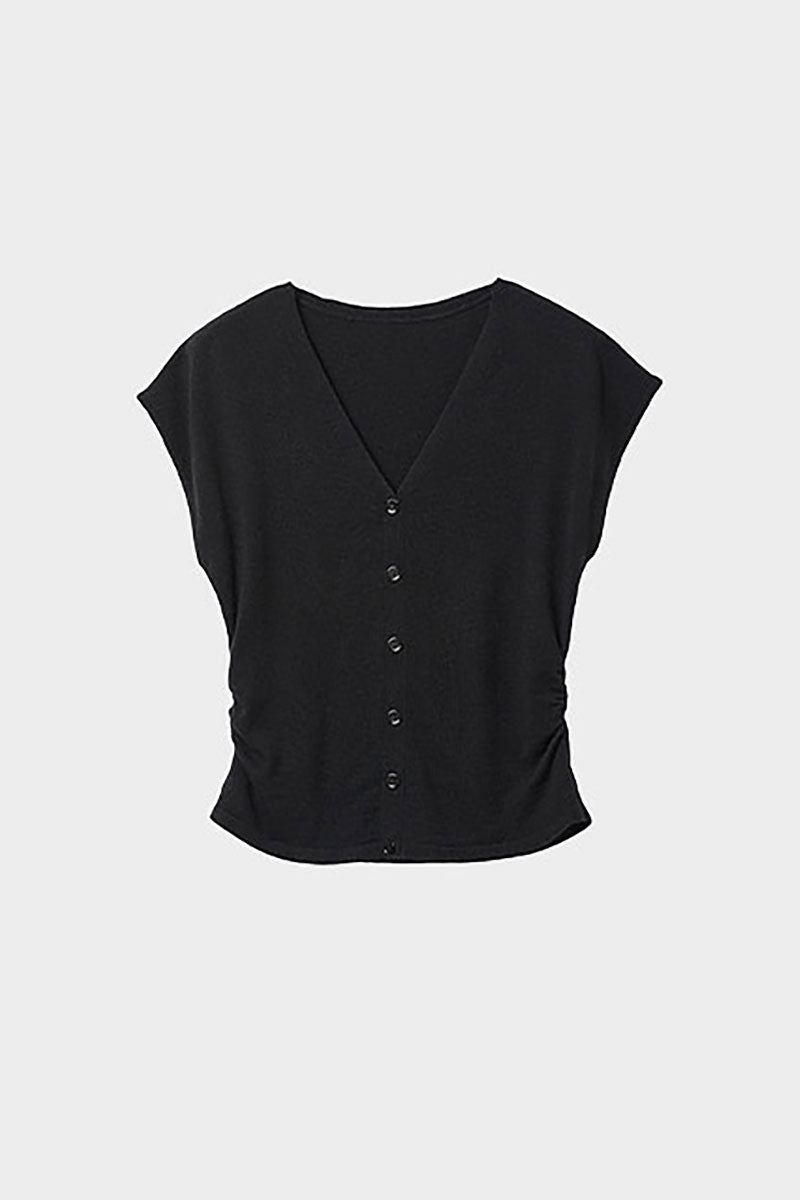 Slim Fit Wool-Blend Cap-Sleeve V-Neck Pullover T-Shirt with Ruched Waist