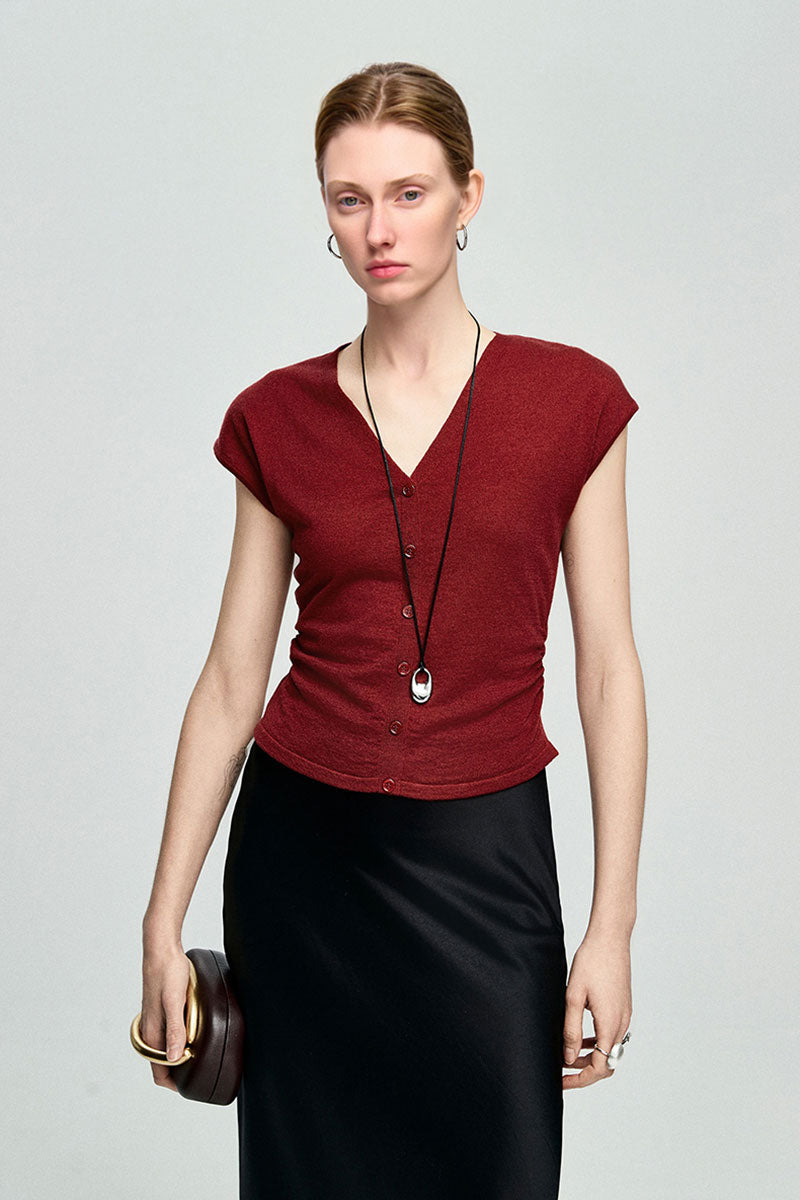 Slim Fit Wool-Blend Cap-Sleeve V-Neck Pullover T-Shirt with Ruched Waist