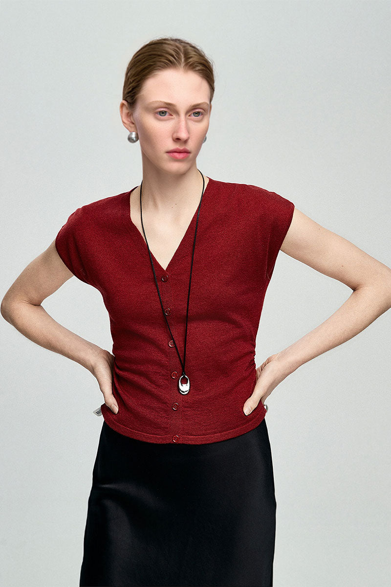 Slim Fit Wool-Blend Cap-Sleeve V-Neck Pullover T-Shirt with Ruched Waist