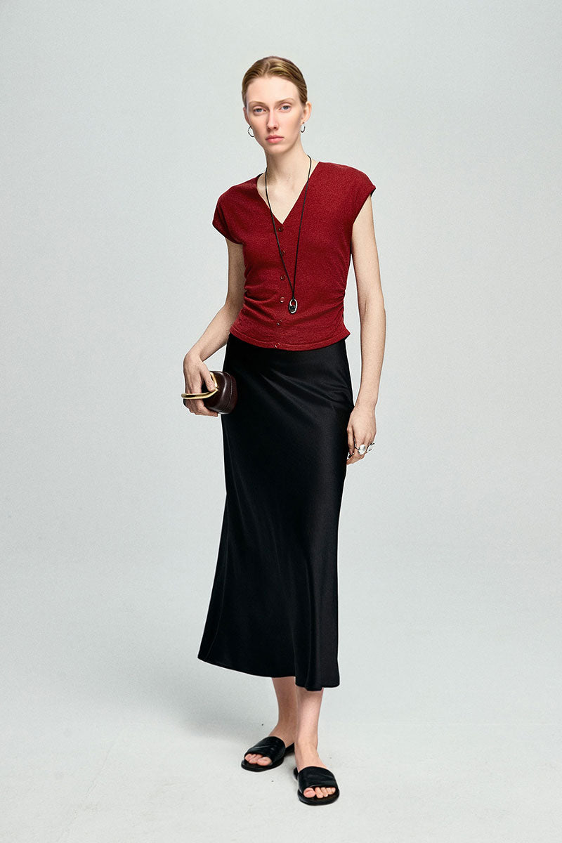 Slim Fit Wool-Blend Cap-Sleeve V-Neck Pullover T-Shirt with Ruched Waist