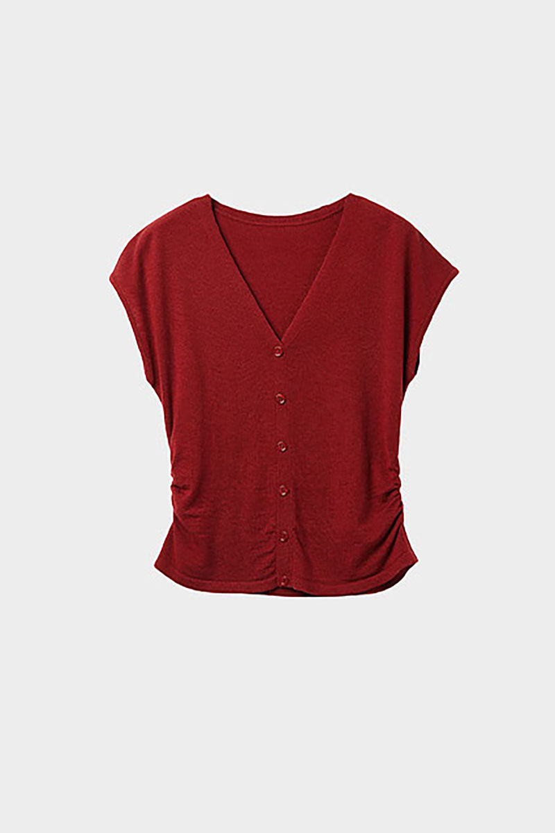 Slim Fit Wool-Blend Cap-Sleeve V-Neck Pullover T-Shirt with Ruched Waist