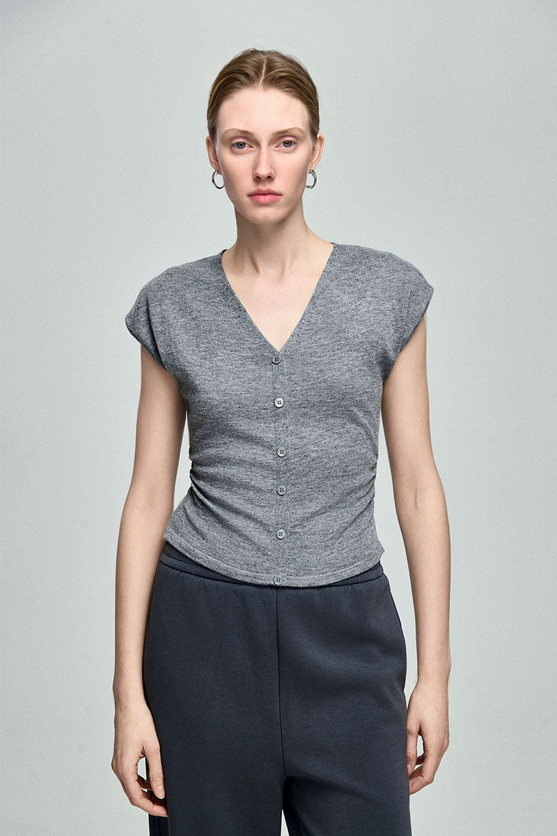 Slim Fit Wool-Blend Cap-Sleeve V-Neck Pullover T-Shirt with Ruched Waist