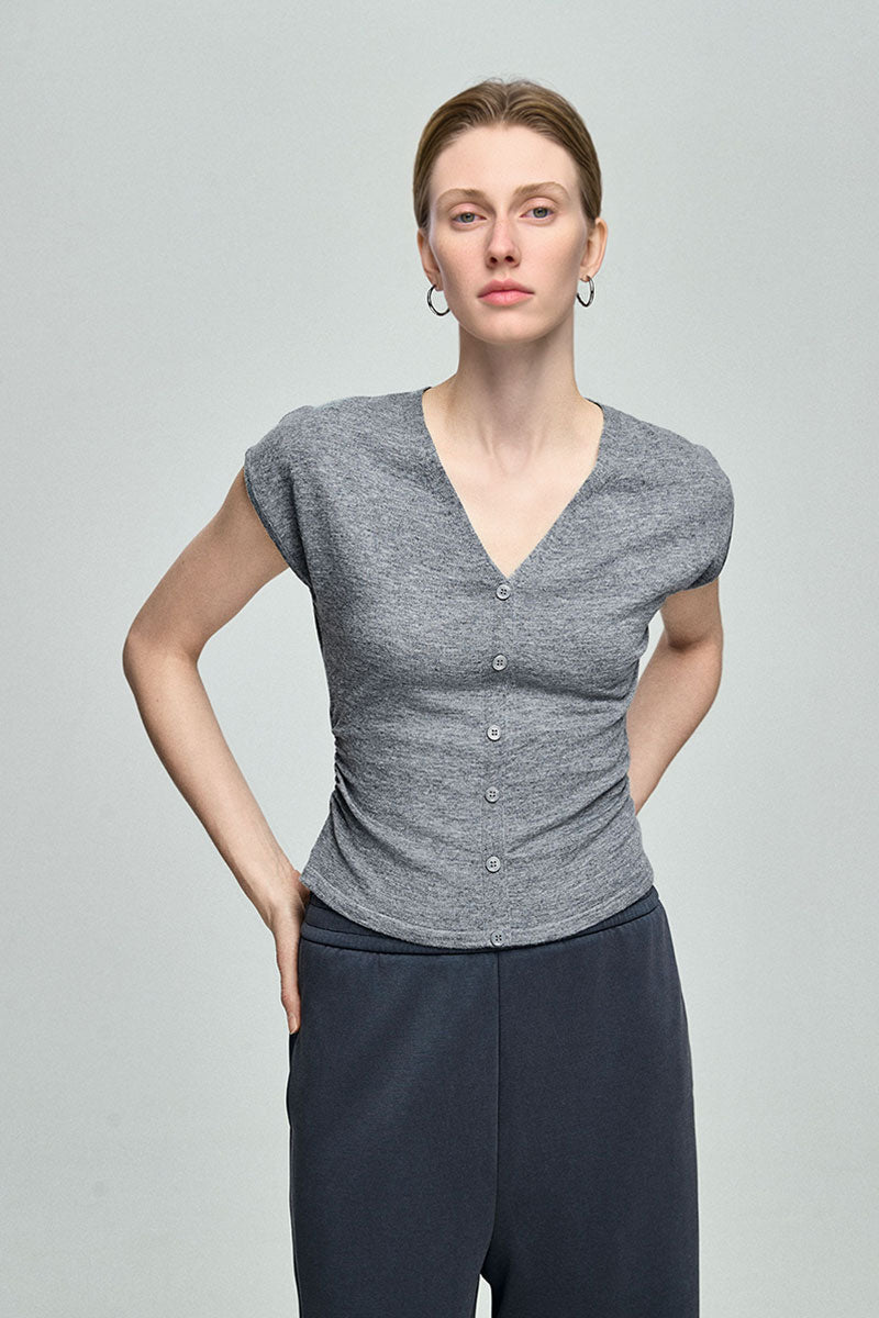 Slim Fit Wool-Blend Cap-Sleeve V-Neck Pullover T-Shirt with Ruched Waist