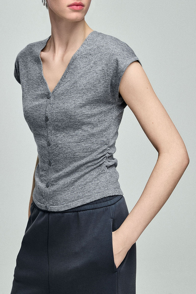 Slim Fit Wool-Blend Cap-Sleeve V-Neck Pullover T-Shirt with Ruched Waist