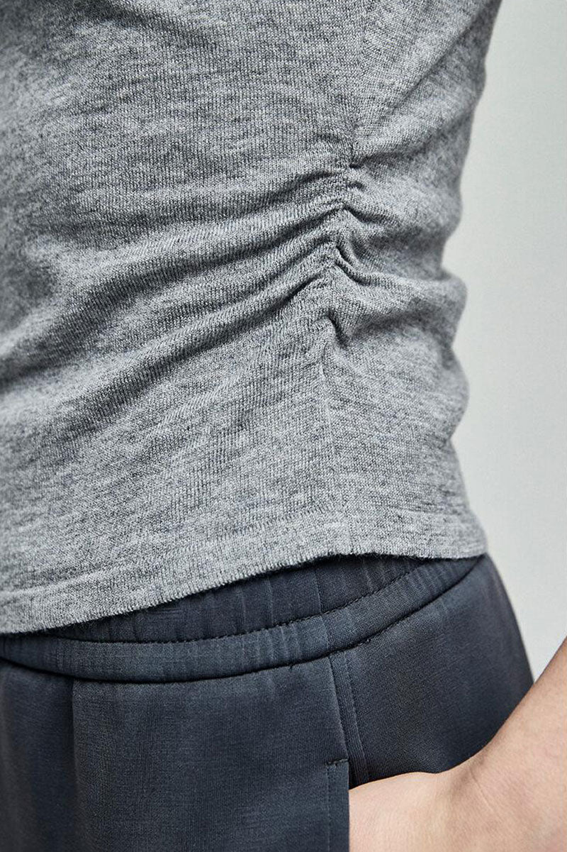 Slim Fit Wool-Blend Cap-Sleeve V-Neck Pullover T-Shirt with Ruched Waist