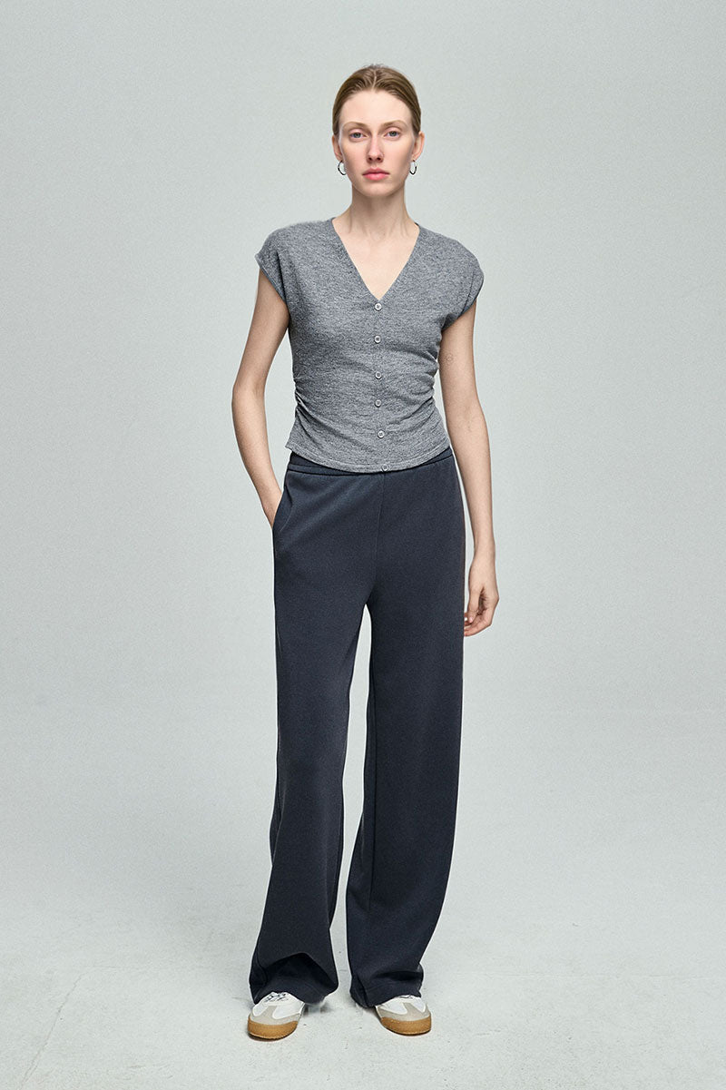 Slim Fit Wool-Blend Cap-Sleeve V-Neck Pullover T-Shirt with Ruched Waist