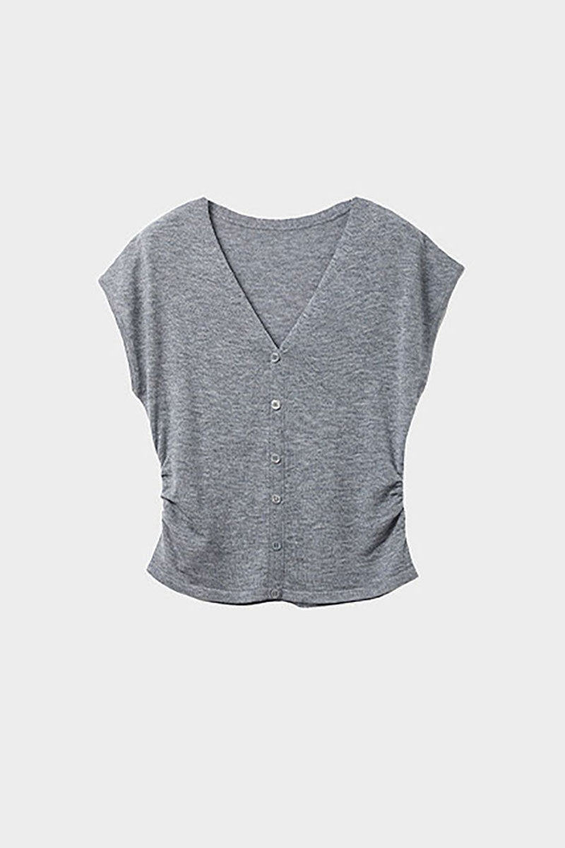 Slim Fit Wool-Blend Cap-Sleeve V-Neck Pullover T-Shirt with Ruched Waist