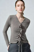 Slim Ruched Long-Sleeve V-Neck Blouse with Flower