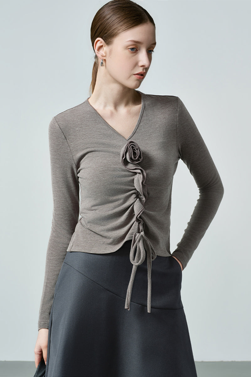 Slim Ruched Long-Sleeve V-Neck Blouse with Flower
