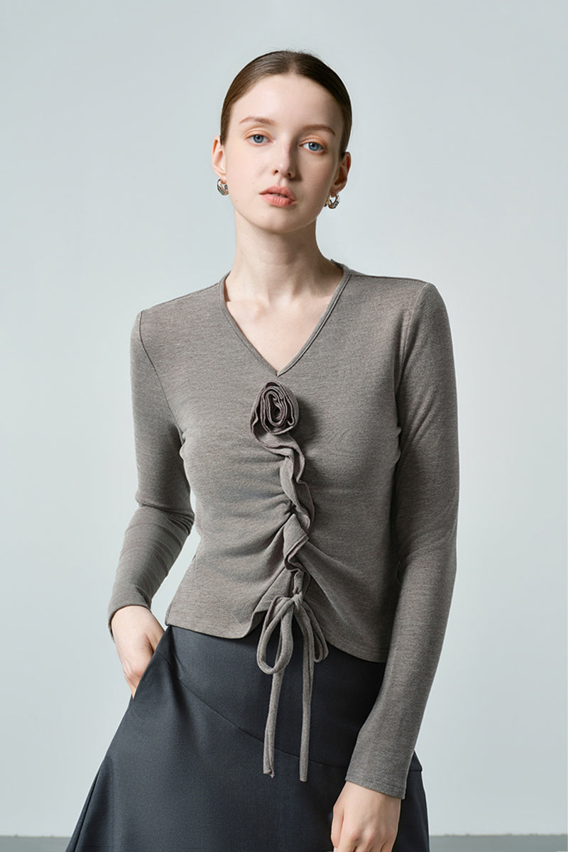 Slim Ruched Long-Sleeve V-Neck Blouse with Flower