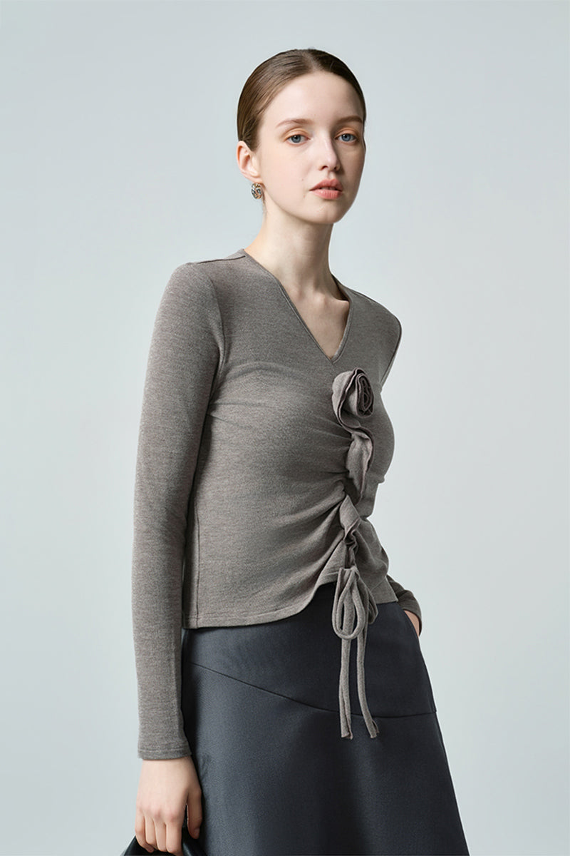 Slim Ruched Long-Sleeve V-Neck Blouse with Flower