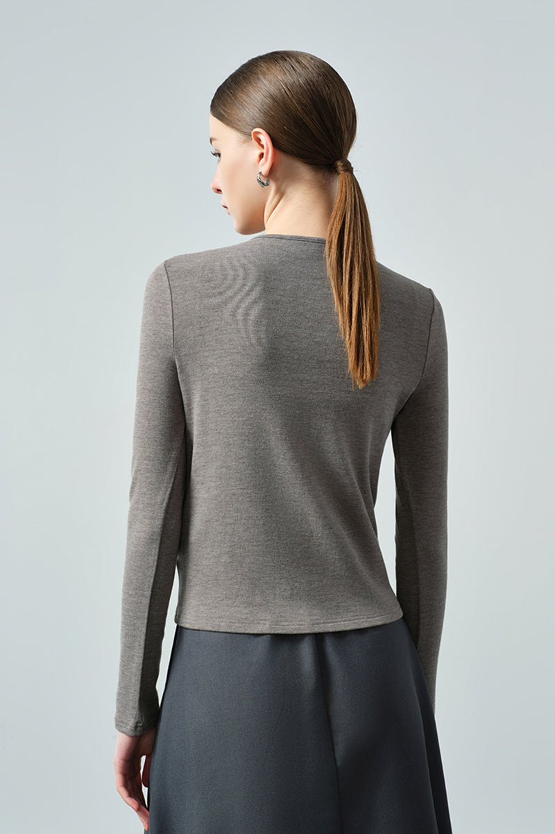 Slim Ruched Long-Sleeve V-Neck Blouse with Flower