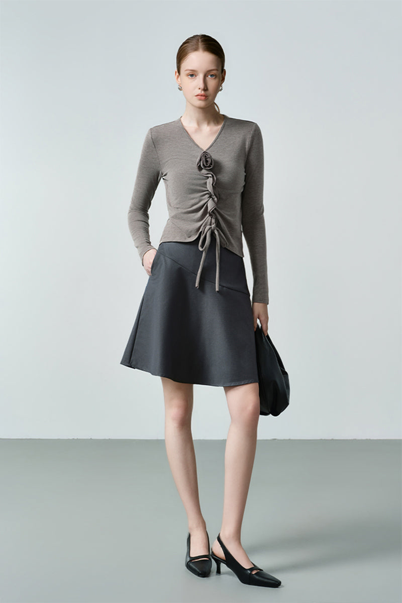 Slim Ruched Long-Sleeve V-Neck Blouse with Flower