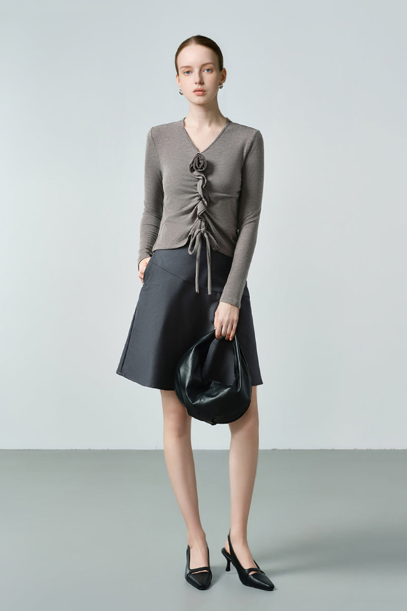 Slim Ruched Long-Sleeve V-Neck Blouse with Flower