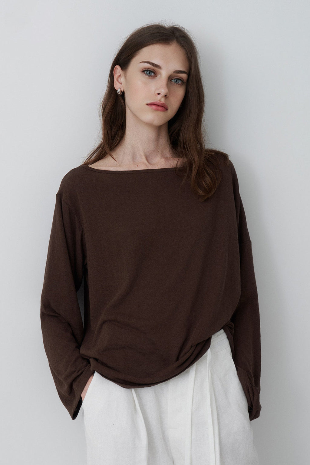 Slouchy Off Shoulder Brown Top