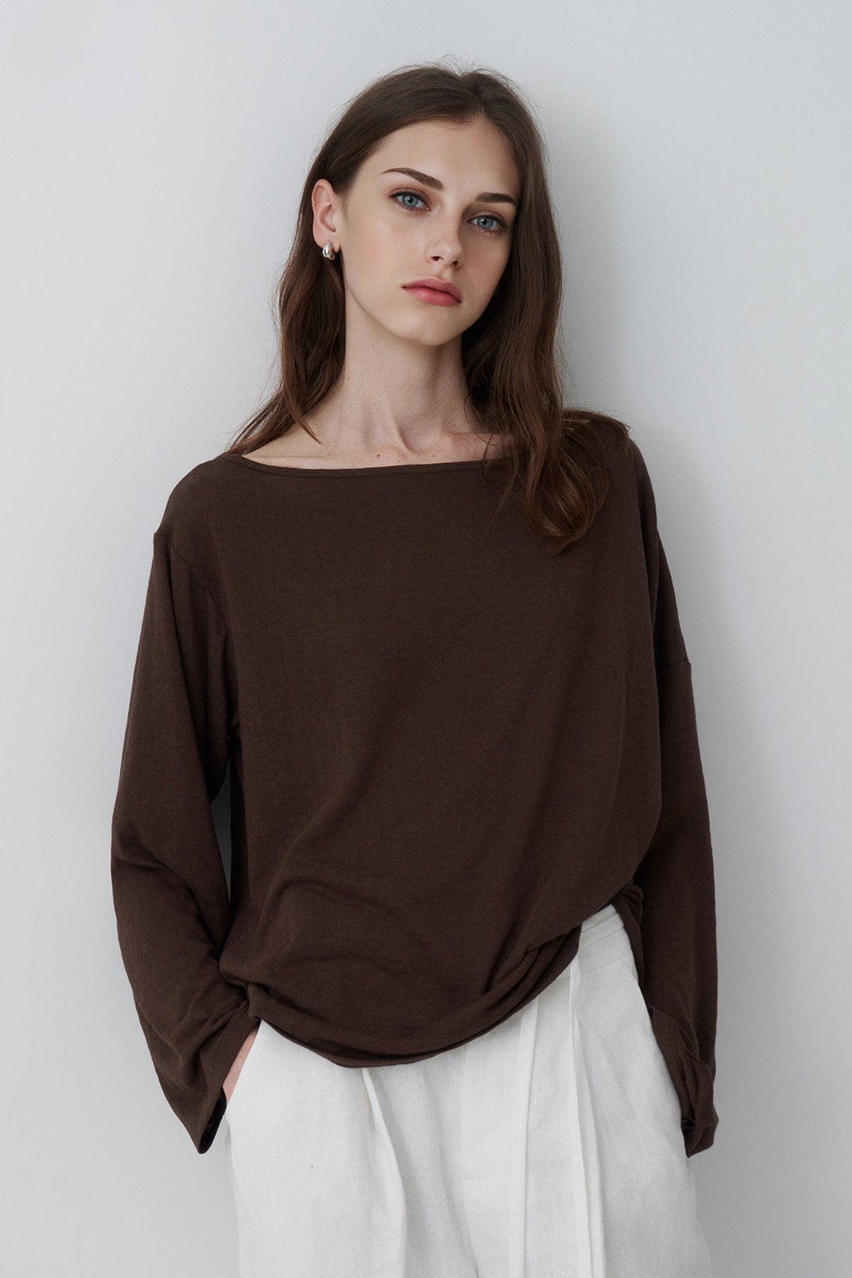 Slouchy Off Shoulder Brown Top