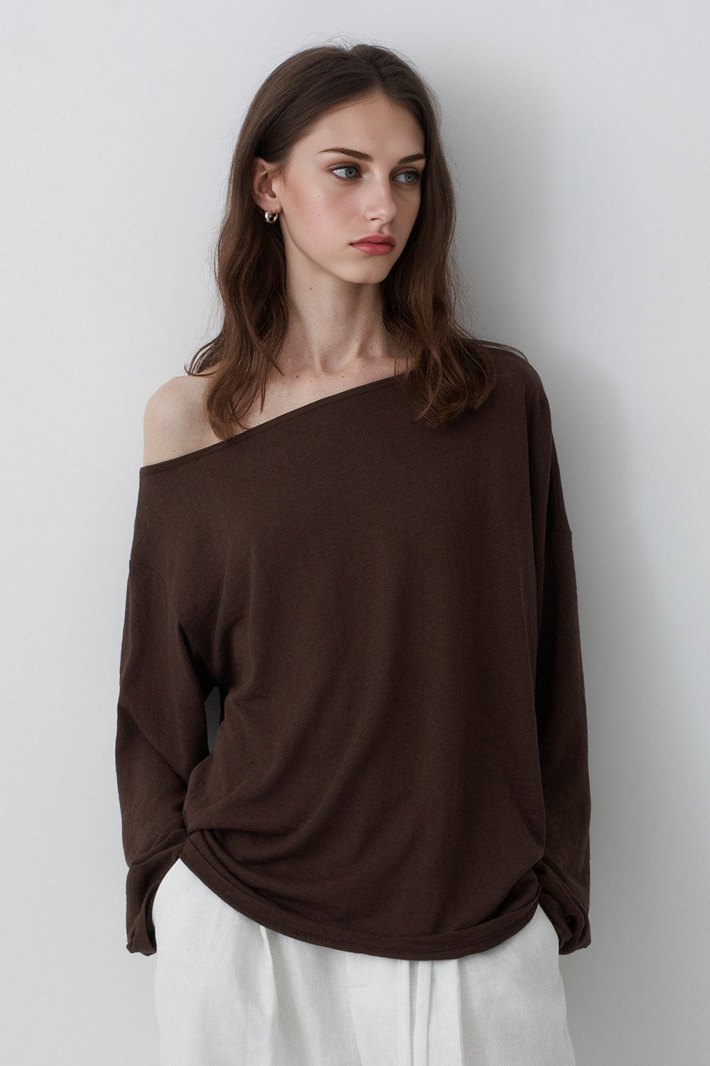 Slouchy Off Shoulder Brown Top